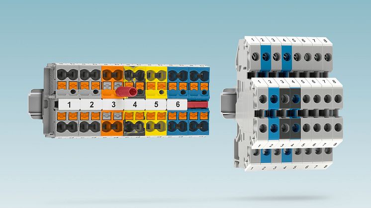 Miniatyrplintar MPTD och MUTTB monterade på 15 mm DIN-skena