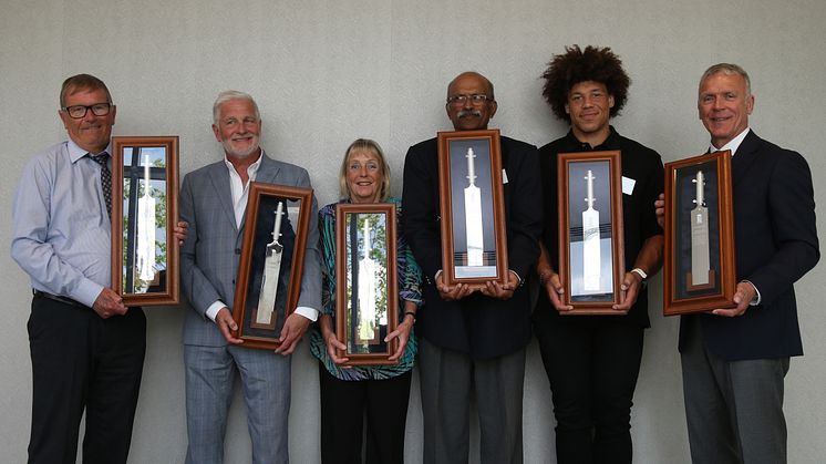 From left to right: Ron Pearson, Keith Cook, Helen Smith, Raj Cherodian, Buster Lawrence (collecting on behalf of his father, David) and Alec Stewart receive their awards as the ECB’s inaugural Honorary Life Vice-Presidents (Photo: Steve Bardens)