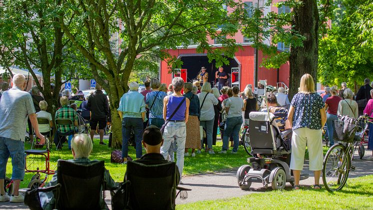 Bild över publik i en park. I bakgrunden syns en scen med artister som spelar.