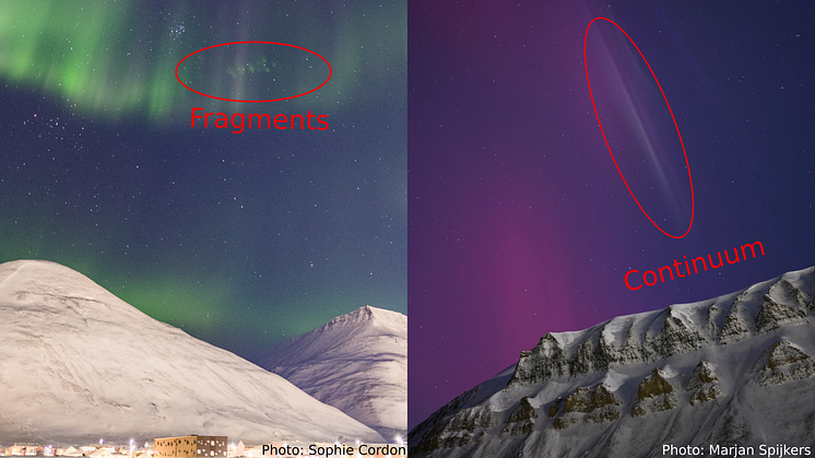 Citizen scientists images of aurora-like phenomena over Svalbard (left) fragments by Sophie Cordon (right) continuum by Marjan Spijkers.