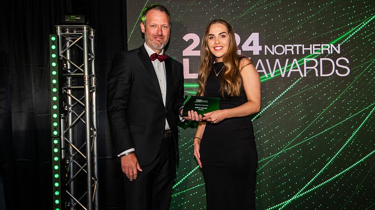 Northumbria student Saffron Sinclair with Mark Dale, Principle Consultant at Nigel Wright Recruitment at the Northern Law Awards