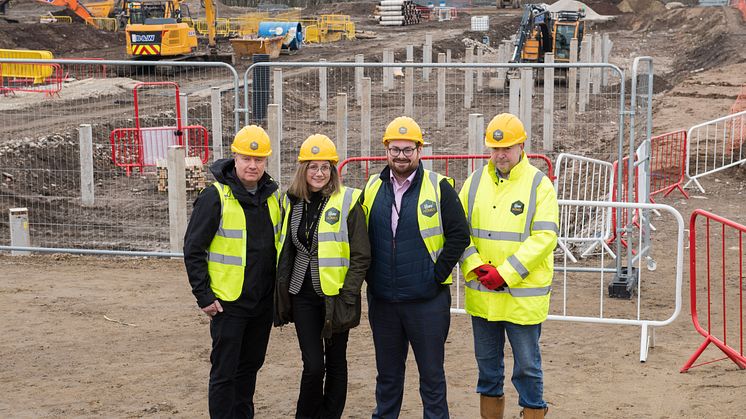 At the Seedfield site are (from left) Paul Lakin, executive director of place at Bury Council; Lynne Ridsdale, the council’s chief executive; Cllr Eamonn O’Brien, leader of Bury Council; and Ed Milner, managing director of Hive Homes.