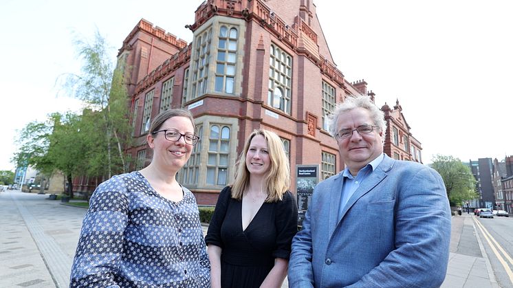 From left to right, Dr Amélie Addison and Dr Rachael Durkin of Northumbria University and Bill Griffiths of North East Museums, pictured outside Northumbria's Sutherland Building