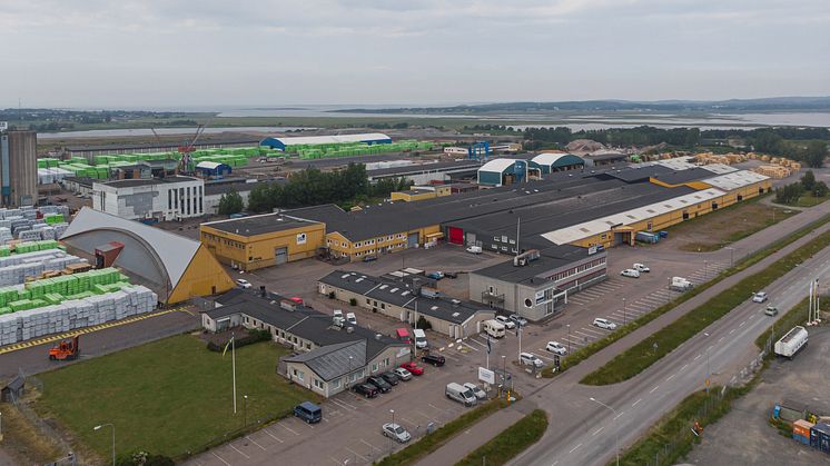 Drönarbild över fastigheten Magasin 7 i Varberg. Foto: Natalie Grepp/VFAB