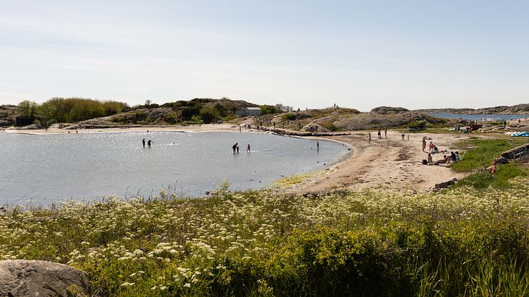 En vik som omges av sandstrand, klippor och grönskande växtlighet. I vattnet och på stranden syns badgäster.