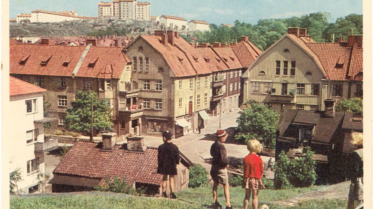 Kolorerat vykort från Olskrokens Bokhandel 1950, fotograf okänd. Foto: Göteborgs stadsmuseums arkiv