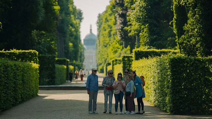 Ein Weg im Park Sanssouci, gerahmt von quadratisch geschnitten Büschen, führt zum Neuen Palais. Gruppe im Vordergrund.