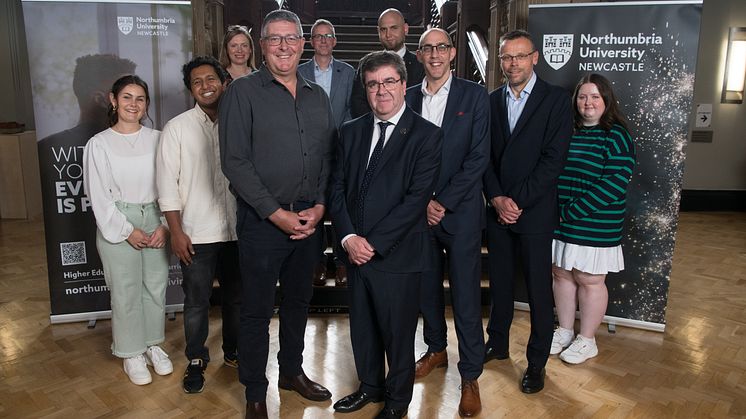 Front row l-r Matt Hutnell, Director of Santander Universities UK and Northumbria Vice-Chancellor and Chief Executive Professor Andy Long with colleagues and students from Santander and Northumbria