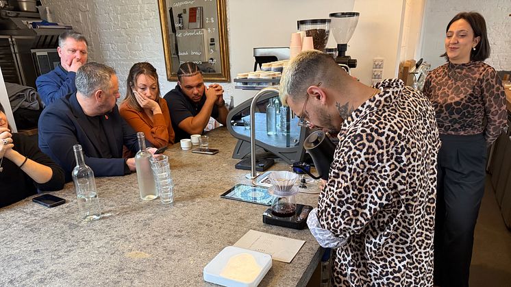 Top London Barista Douglas Conde demonstrates the art of making the perfect cup of coffee with the help of Bluewater at the acclaimed Day Trip artisan coffee shop in Islington.