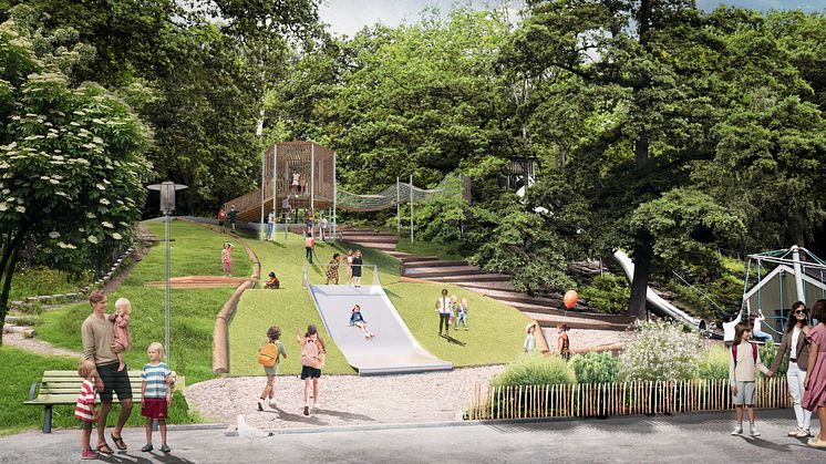 När lekplatsen Plikta rustas upp blir det mer grönska och fler sittplatser. Bilden visar ett exempel på hur det skulle kunna se ut vid skogsslänten. Bild: ÅWL Arkitekter/Göteborgs Stad