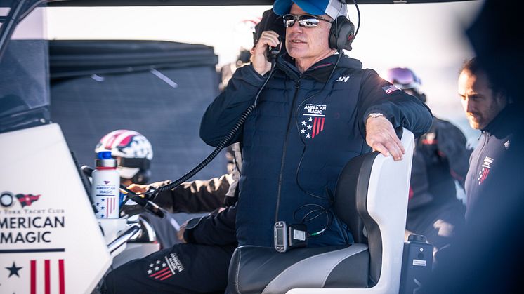 Terry Hutchinson, Skipper and President of Sailing Operations of American Magic, the U.S. Challenger for the 37th America’s Cup, aboard the chase boat supporting the crew of race yacht Patriot, including access to purified water.