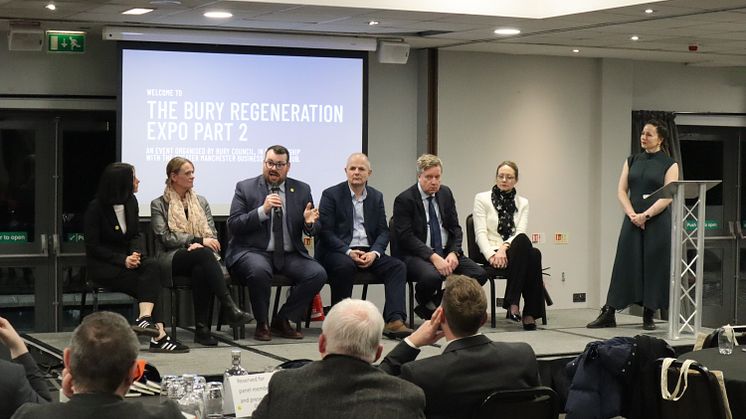 At the Bury Expo are (from left) Caroline Simpson and Gemma Marsh from the GMCA; Cllr Eamonn O’Brien; Mark Hughes, chief executive of the Growth Company; Paul Lakin, Bury’s executive director of place; and Lynne Ridsdale, council chief executive