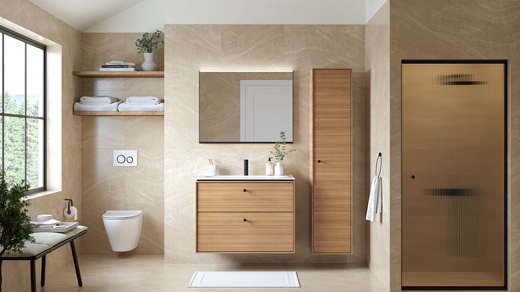 Ammentamalla inspiraatiota luonnon lämpimistä väreistä ja monipuolisista materiaaleista luot kylpyhuoneesta keitaan arjen keskelle. IDO Sense Art -kalusteet, Geberit Option Plus Square -peili, IDO Glow Modern -wc-istuin sekä Geberit Sigma21-painike.