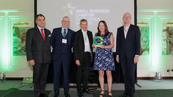 L-R Lord Karan Bilimoria, CBE, DL, Professor Robert MacIntosh, Nigel Coates and Nicola Burnip from the Business Clinic, and Michael Hayman MBE, DL, Chair, Small Business Charter