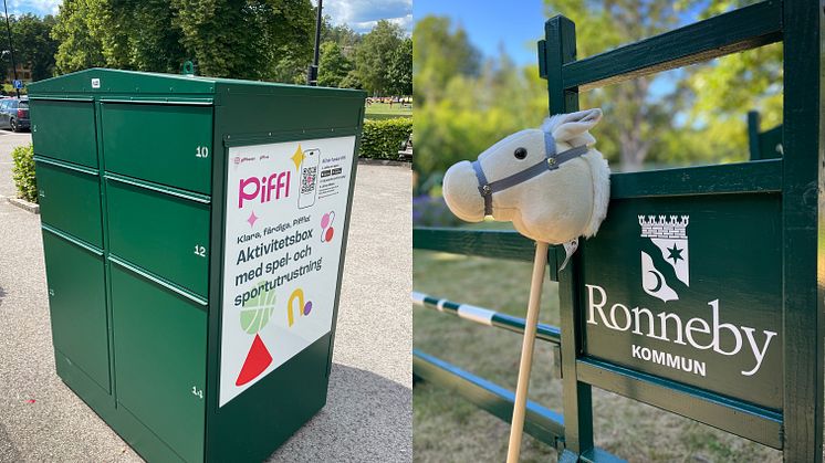Aktivitetsbox från Piffl i Brunnsparken, Ronneby och bild på käpphäst som finns att låna i boxen. 
