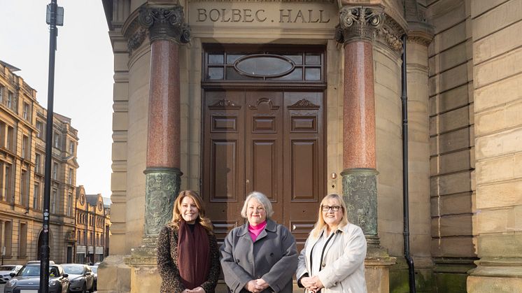 From l-r: North East Mayor, Kim McGuinness; Claire Malcolm, CEO of New Writing North; and Cllr Karen Kilgour, Leader of Newcastle City Council, pictured outside Bolbec Hall.