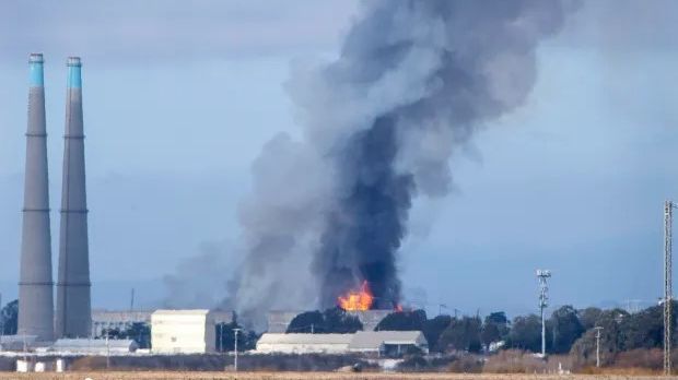 Smoke and flames are seen from Castroville as a fire at the Vistra battery storage plant burns in Moss Landing Calif. on Friday Jan. 17 2025. Photo: Doug Duran, Bay Area News Group.