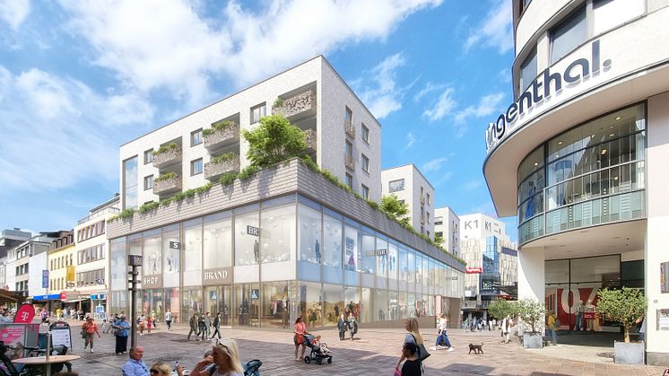Der frühere Kaufhof an der Westernstraße 26 verwandelt sich bis 2027 in ein zeitgemäßes Gebäude mit drei Ladenflächen und vier Wohnblöcken auf dem begrünten Dach.