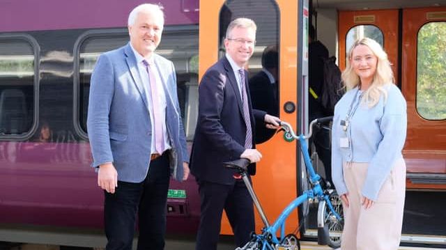 Cllr Jan Matecki (Warwickshire CC), Sir Jeremy Wright MP and Victoria Harris (West Midlands Railway)
