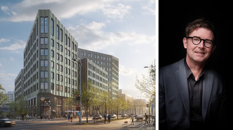 Jens Larsson är ansvarig för affärsområdet Kommersiella fastigheter på arkitektföretaget FOJAB. Till vänster kontorshuset Olivin som byggs på Kungsholmen i Stockholm. 