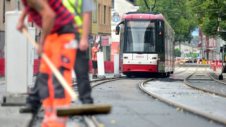 Gleisarbeiten im Bereich der Stadtbahnlinie U43 in Dortmund.