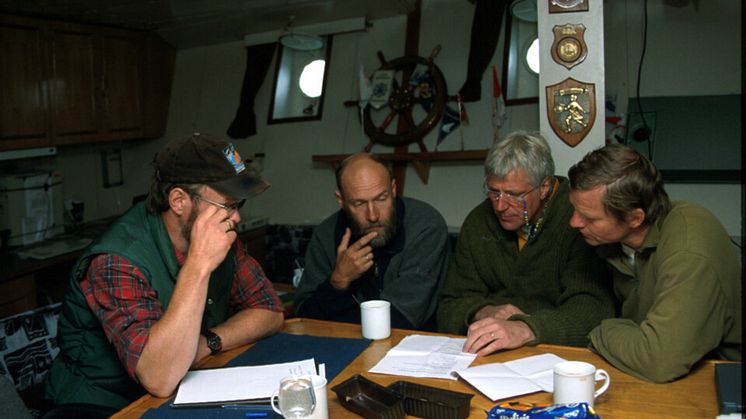 Frequent collaborators, left to right: Haakon Hop, Jan-Marcin Węsławski head of cruise, now director of IOPAN, Stig Falk-Petersen, and Salve Dahle onboard RV Oceania in 1996. Photo: Mikael Westh Hammer