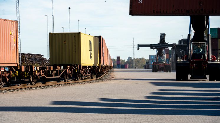 Järnvägsterinalen i Falköping där 57 000 containrar kördes till eller från Göteborgs Hamn under 2024. Bild: Göteborgs Hamn AB.