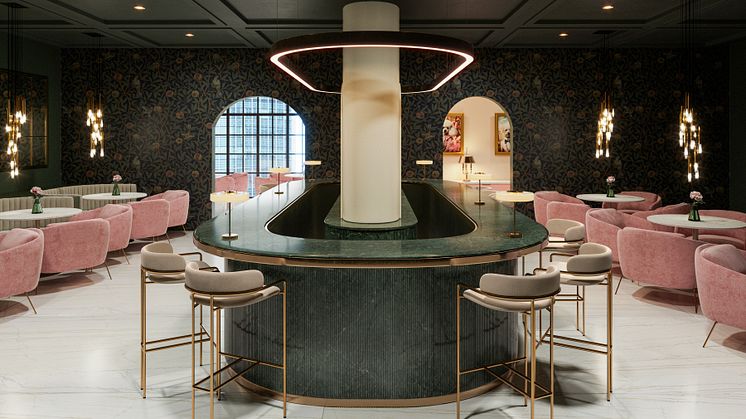 Silestone Jardin Emerald som restaurangens smycke i bardisk och beklädnad i räfflad textur Ukiyo från Silestone