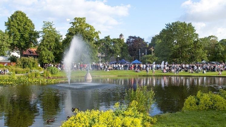 Vattendrag med fontän under Almedalsveckan i Visby