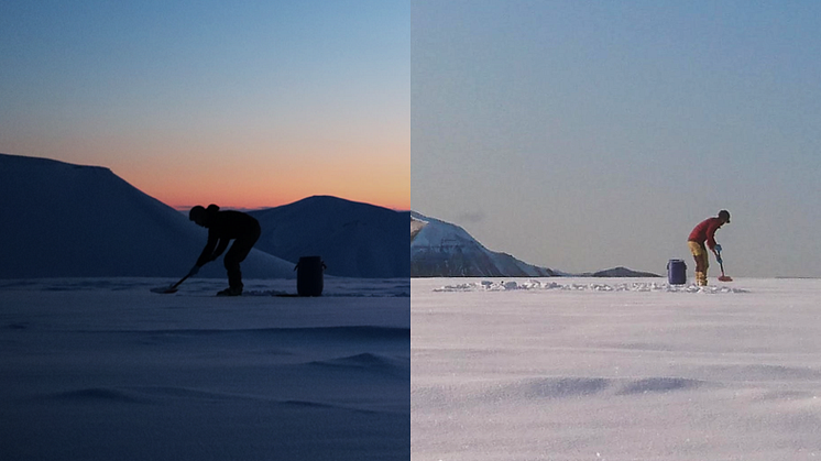 Sollyset har mye å si for  atmosfærisk avsetning av PFAS i arktiske områder, viser ny forskning fra NILU-forsker William Hartz. Prøver fra overflatesnø på Svalbard fra vinteren og sommeren viser store forskjeller i PFAS-innhold. FOTO: NILU