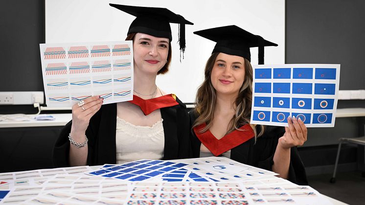 Abbie Smith and Frankie Harrison are pictured before their graduation ceremony earlier this week with some of the frames used in their animation 'It all starts on paper', which was commended at the RSA Student Design Awards.