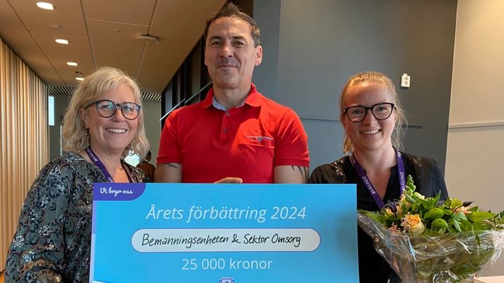 Paulina Hallgren, Damir Music och Malin Ferbas tog emot priset för Årets förbättring som tilldelats Bemanningsenheten och sektor Omsorg för deras samarbete.