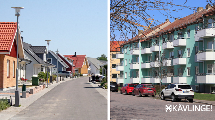 Exempel på olika typer av bebyggelse i Kävlinge kommun, villor i Löddeköpinge och flerbostadshus i Kävlinge.