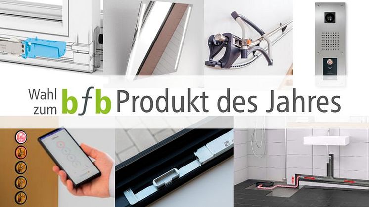 Collage barrierefreier Produkte mit Schriftzug „Wahl zum bfb Produkt des Jahres“ – u. a. Fensterantrieb, App, Sanitärlösung.