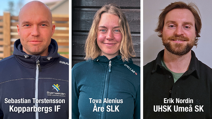 Sebastian Torstensson, Tova Alenius och Erik Nordin – 2025-års stipendiater i Kungens 70-årsfond för unga ledare på snö.