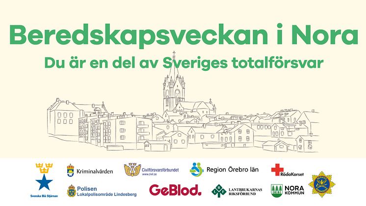 Linjeteckning av Nora stad. i grön text står det "Beredskapsveckan i Nora, du är en del av sveriges totalförsvar.