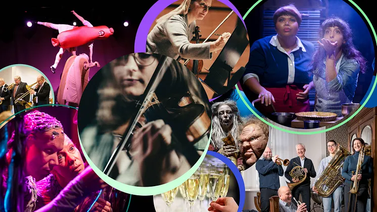 Ett bildkollage med musik, teater och scenkonst från Scenkonst Östs verksamheter.