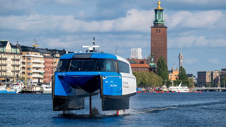 Heralding a new era of waterborne transport: Candela P-12 is the fastest electric ferry, and at 25 knots faster than Stockholm's diesel-powered commuter boats.