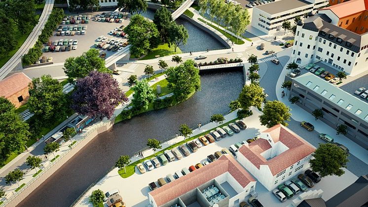 Visionsskiss över området vid Nybron. Mer om det projektet och många andra får besökarna på utställningen Borås bygger - nu och i framtiden.
