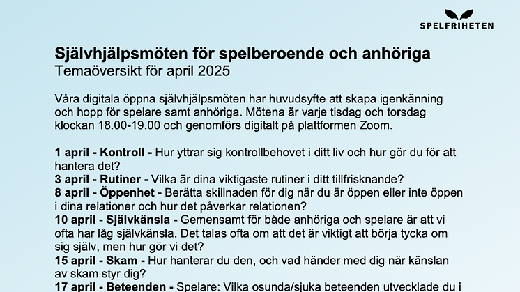Temaöversikt för Spelfrihetens självhjälpsmöten i april.