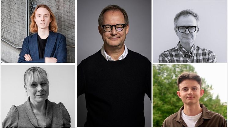 Stipendiater för Den goda staden 2025 - från vänster: Henrik Almquist, Göran Lindahl, Micael Björk, Charlotta Thodelius och Gustav Sällberg  
