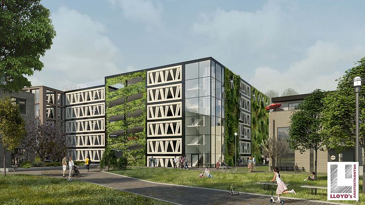 <span>LKPs nya parkeringhus med fasad av återbrukade vindkraftsvingar. Visionsbilden är gjord av Lloyds arkitektkontor.</span>