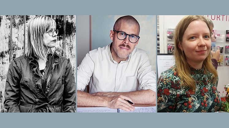 Elise Ingvarsson, David Norlin och Helena Fagertun är årets mottagare av Göteborgs Stads författarstipendium. Foto: Carla Orrego Veliz, Sara Gust och Patrik Tornéus.