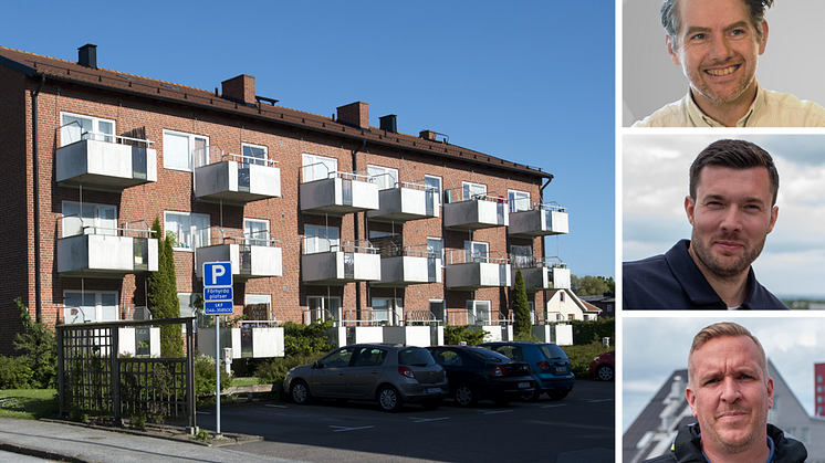 Bild:  I AI-pilotprojektet ingick 7 likartade hus i bostadsområdet på Väster, Solgårdarna i Lund. Energichef Henrik Adamsson, energistrateg Gustav Karlström och driftingenjör Stefan Kock intervjuades av Sveriges Allmännytta. 