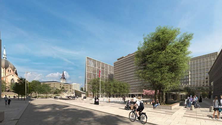 I løpet av 2029 skal det nye regjeringskvartalet stå klart. KORO er ansvarlig for gjennomføringen av kunstprosjektene. Illustrasjon: Statsbygg/ Team Urbis