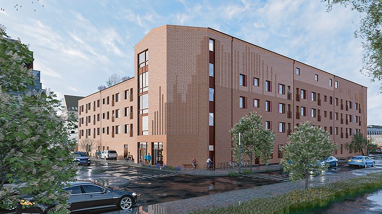 Illustration av norra sidan av Smaken. På bottenvåningen kommer Praktikertjänst att driva en vårdcentral på cirka 650 kvadratmeter. Ingången är längst bort till höger i bild. Illustration: HÄR! Arkitekter