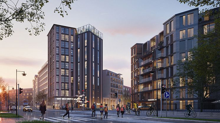 Visualisering av ett livligt stadskvarter med moderna flerbostadshus, restaurang i markplan och människor som promenerar.
