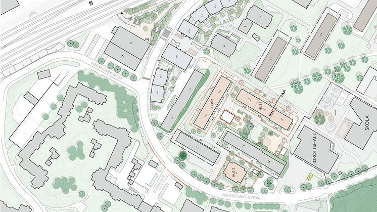 Planskiss över Bagartorp med planerade byggnaderna Hus 1, Hus 2 och Hus 3 visas i ljust röd i kartan.