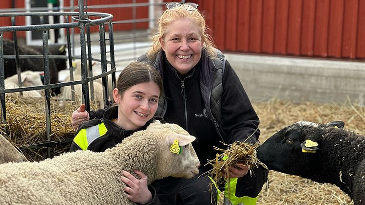 Fr v: Lisa Richter, elev på Naturbruksprogrammet samt Anna Hedendahl, lärare på Lantbruksinriktningen med några av Nordviks får.
