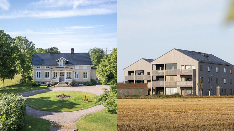 På bilden är Bobergs gård, vinnare av arkitekturpriset "God byggnadsvård" & Skrea Gårdar, vinnare av arkitekturpriset "nyproduktion".